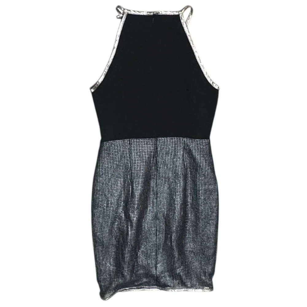 Lumier by Bariano Akira NWT pewter black LG halter cocktail dress metallic party